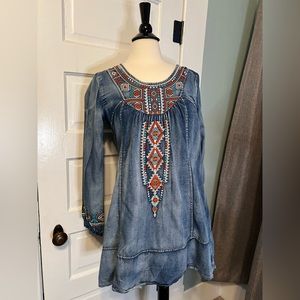 Mollorello Jean Dress, coral, teal & white stitching, small